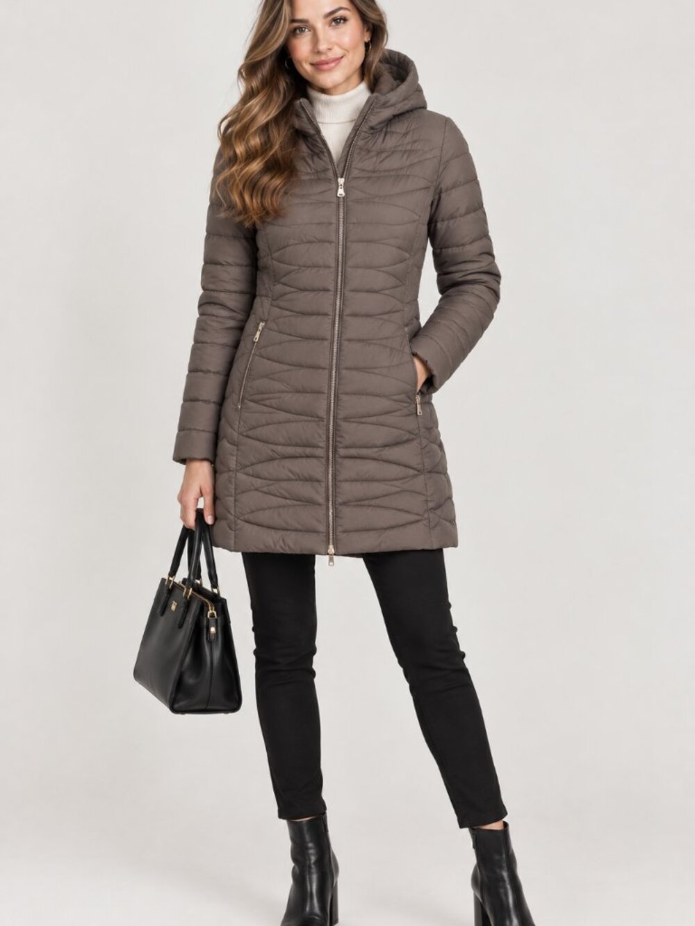 New Bernardo Taupe Hooded Quilted Packable Long Walker Coat Puffer Jacket
